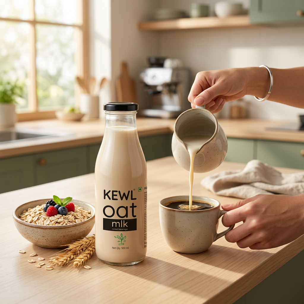 KEWL Oat Mlk served with coffee and breakfast